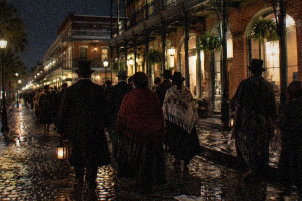 Festival crowd in Victorian costume walking past historic brick storefronts