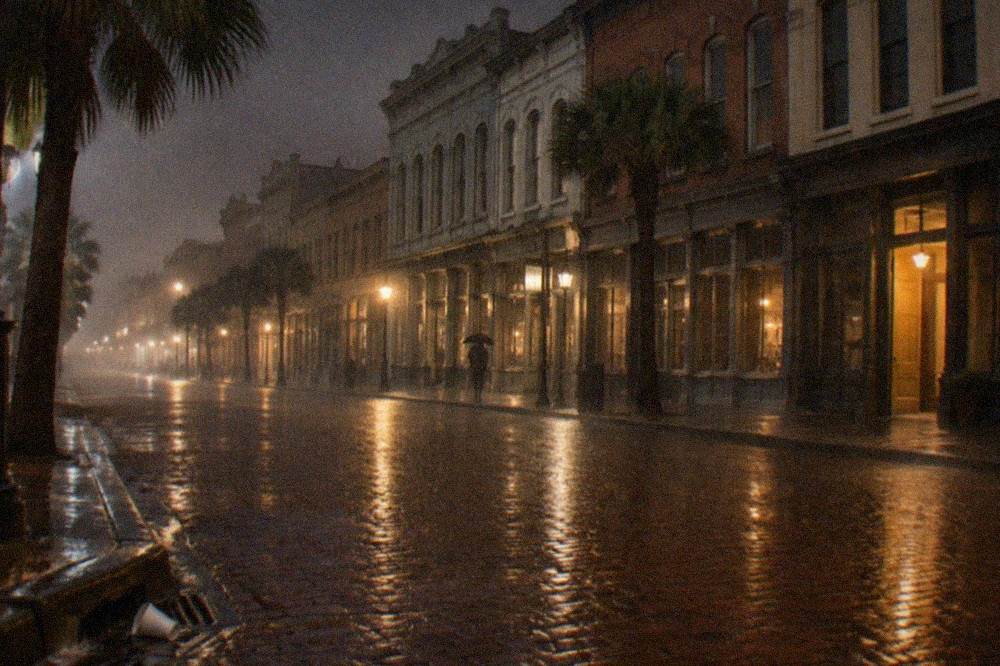 Rain-slicked brick street in Galveston's historic district with warm light spilling from a doorway