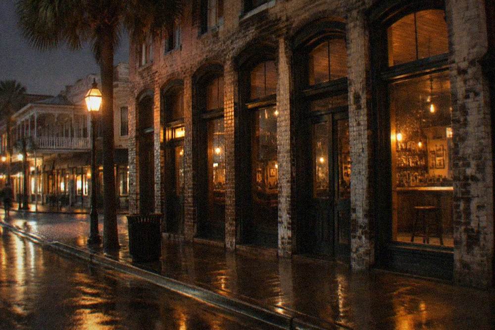 A row of lit pub windows along The Strand at night