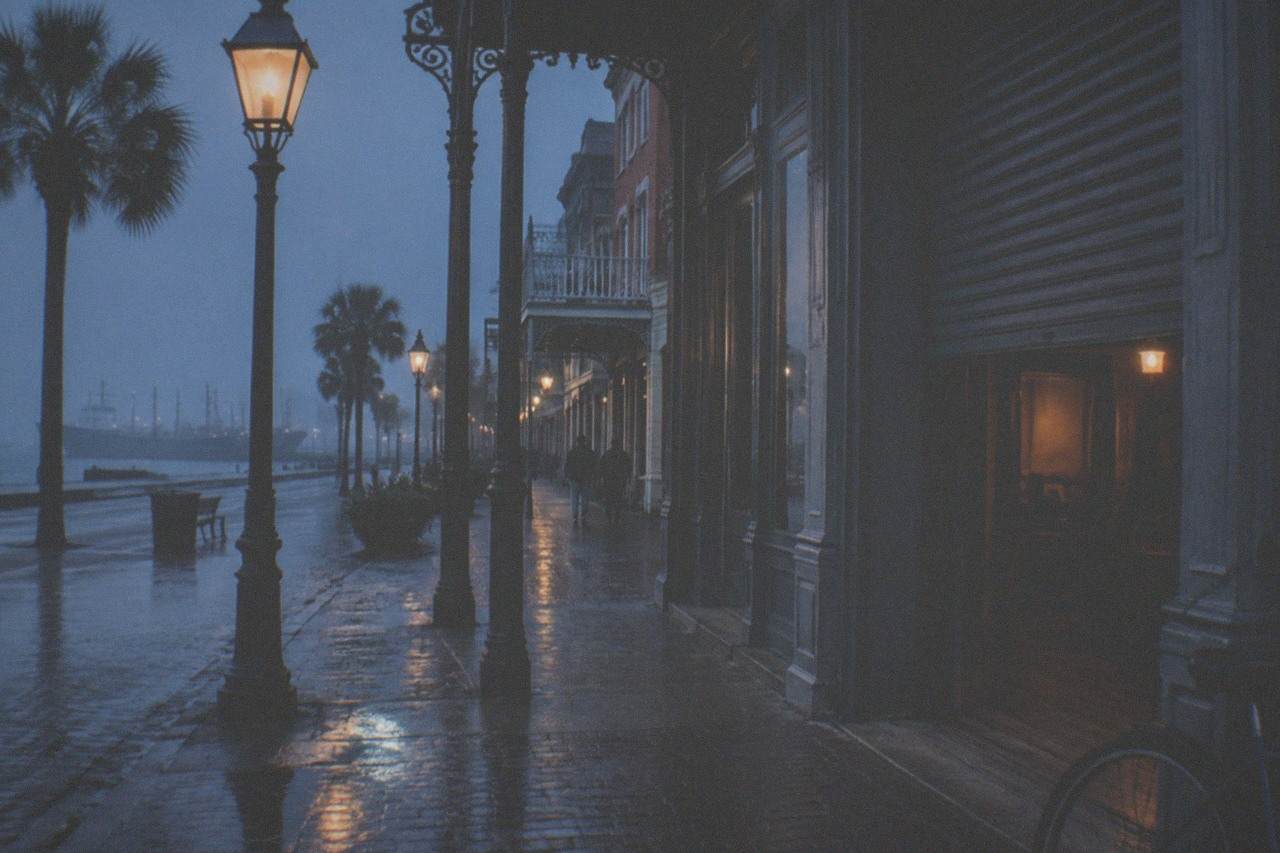 Gas-lit Strand storefronts at dusk in downtown Galveston
