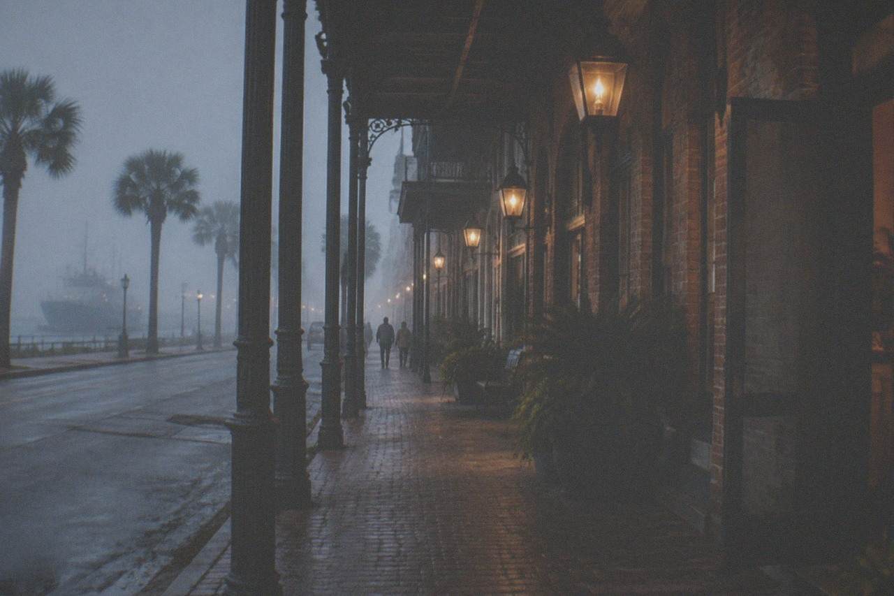 Gas-lit Victorian brick storefronts along a quiet downtown street at dusk