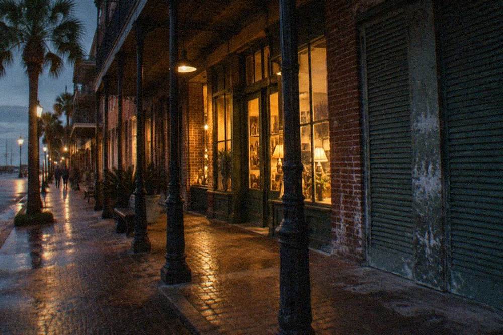 A dimly lit historic Strand storefront at night with warm light on brick walls
