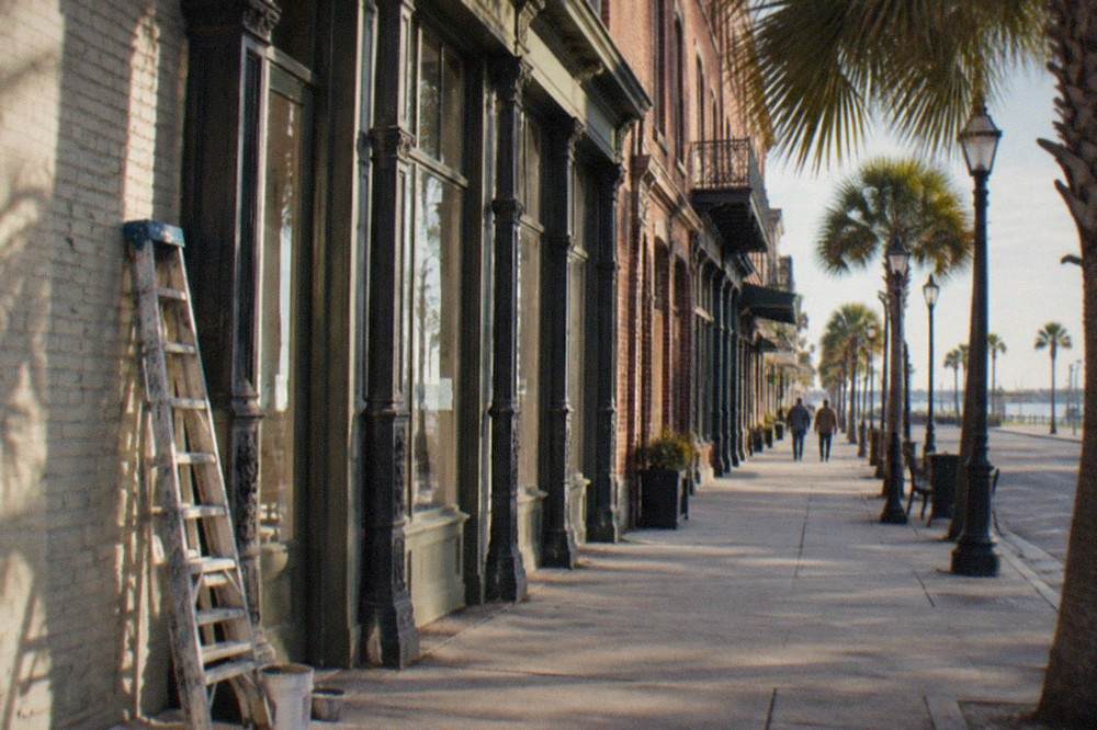 Sunlit brick facade and cast-iron storefront details on The Strand in Galveston