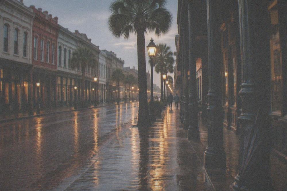 Wet Strand street reflecting streetlights after evening rain