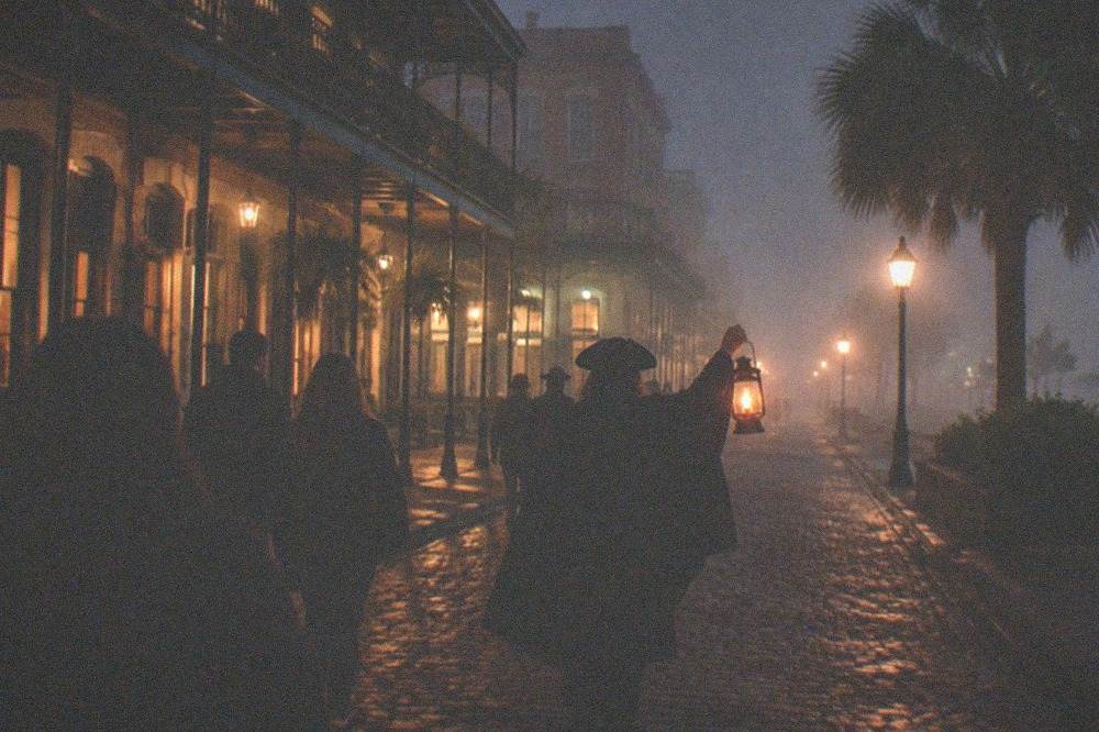 Costumed guide leading a group with lanterns down a dark historic street