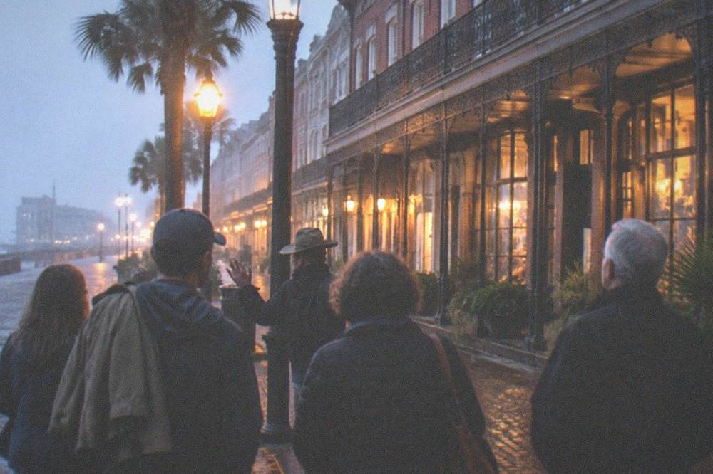 A tour group walks a brick sidewalk past illuminated storefronts after dark