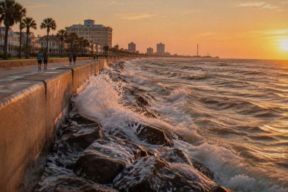 Seawall boulevard along the Gulf at golden hour with waves breaking on the rocks